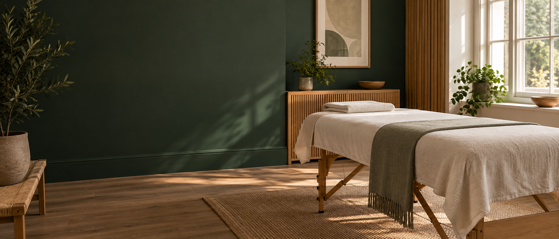Calm, light-filled massage therapy studio with a treatment table and natural wood details